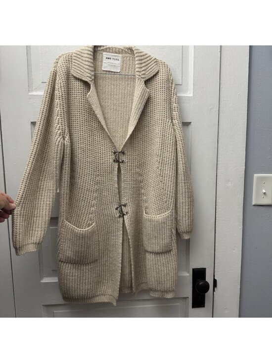 AMS Sweaters - AMS Pure Wool Blend Chunky Knit Cardigan Sweater Coat Beige Size US 8